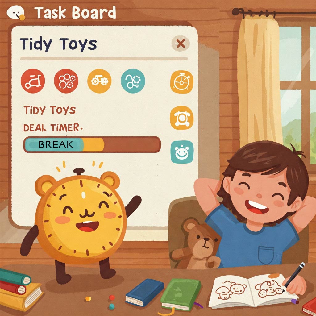 taskboard-interface-showing-task-with-Pomodoro-timer-active-a-child-happily-taking-a-break-prompted-by-timer