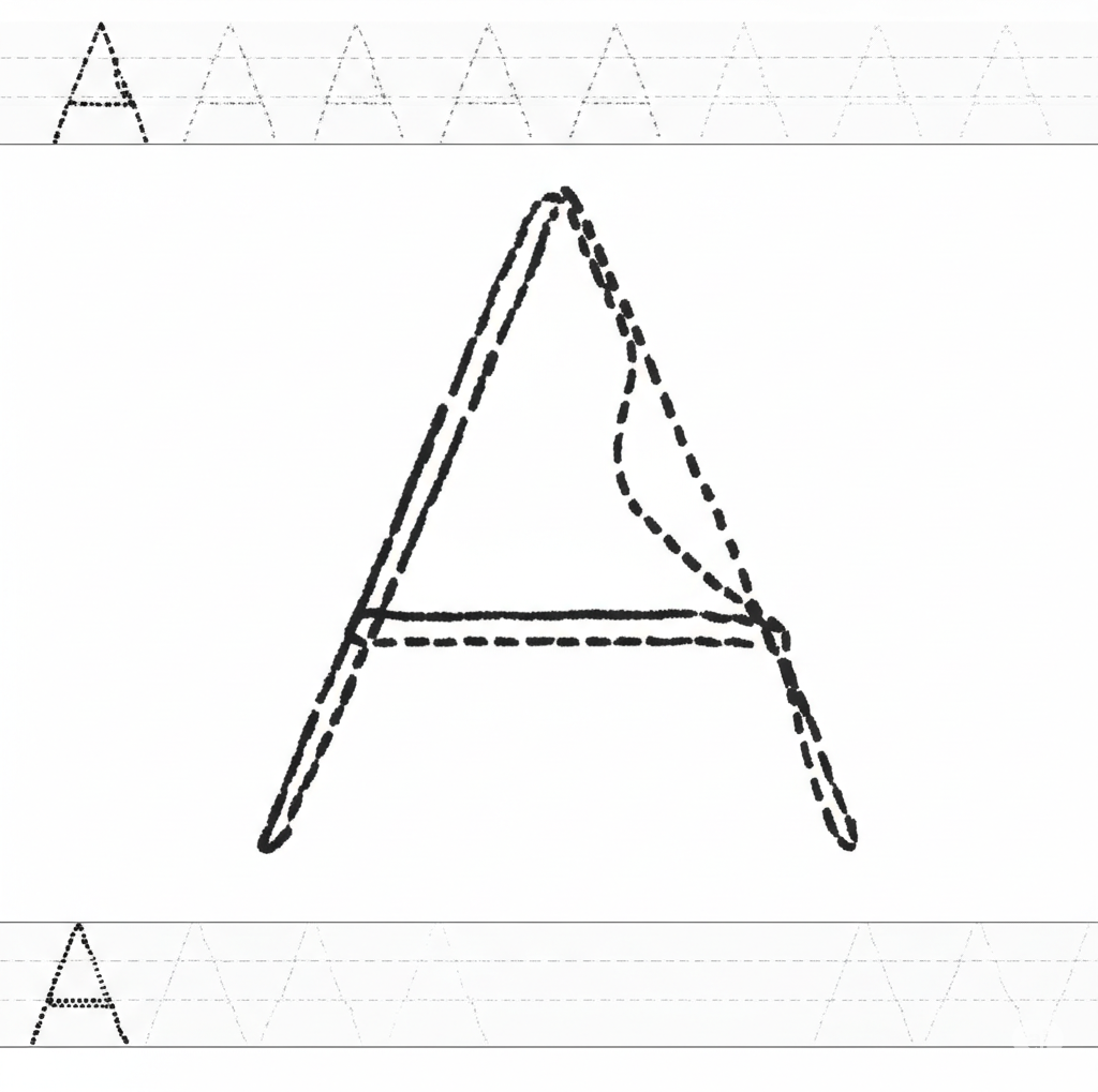 Child tracing a large letter 'A' on a worksheet