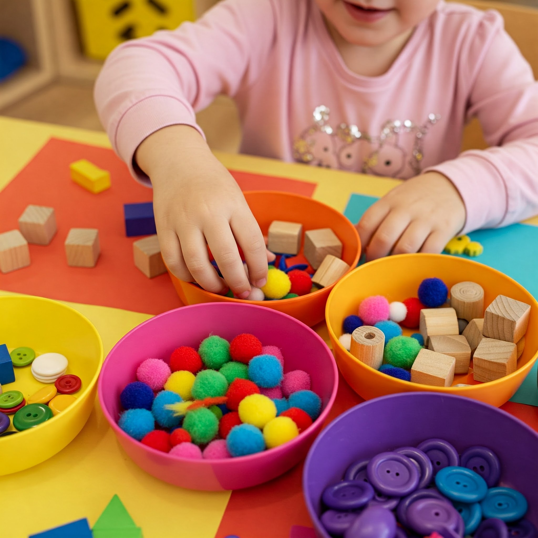 rainbow-quest-learning-to-sort-colors-correctly-sorting-colorful-pom-poms-blocks-buttons-into-different-colored-bowls